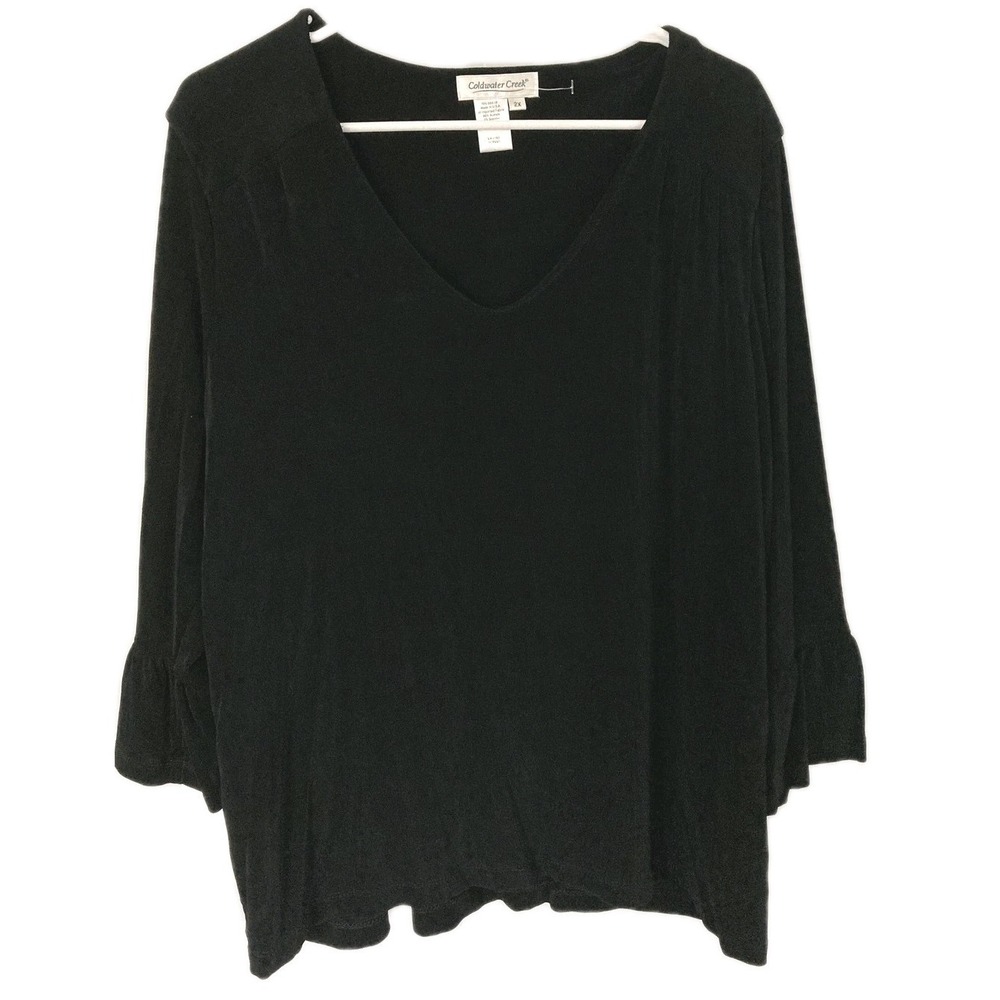 Vtg Coldwater Creek Blouse Women 2X Black V Neck 3/4 Bell Sleeve Stretch Top EUC